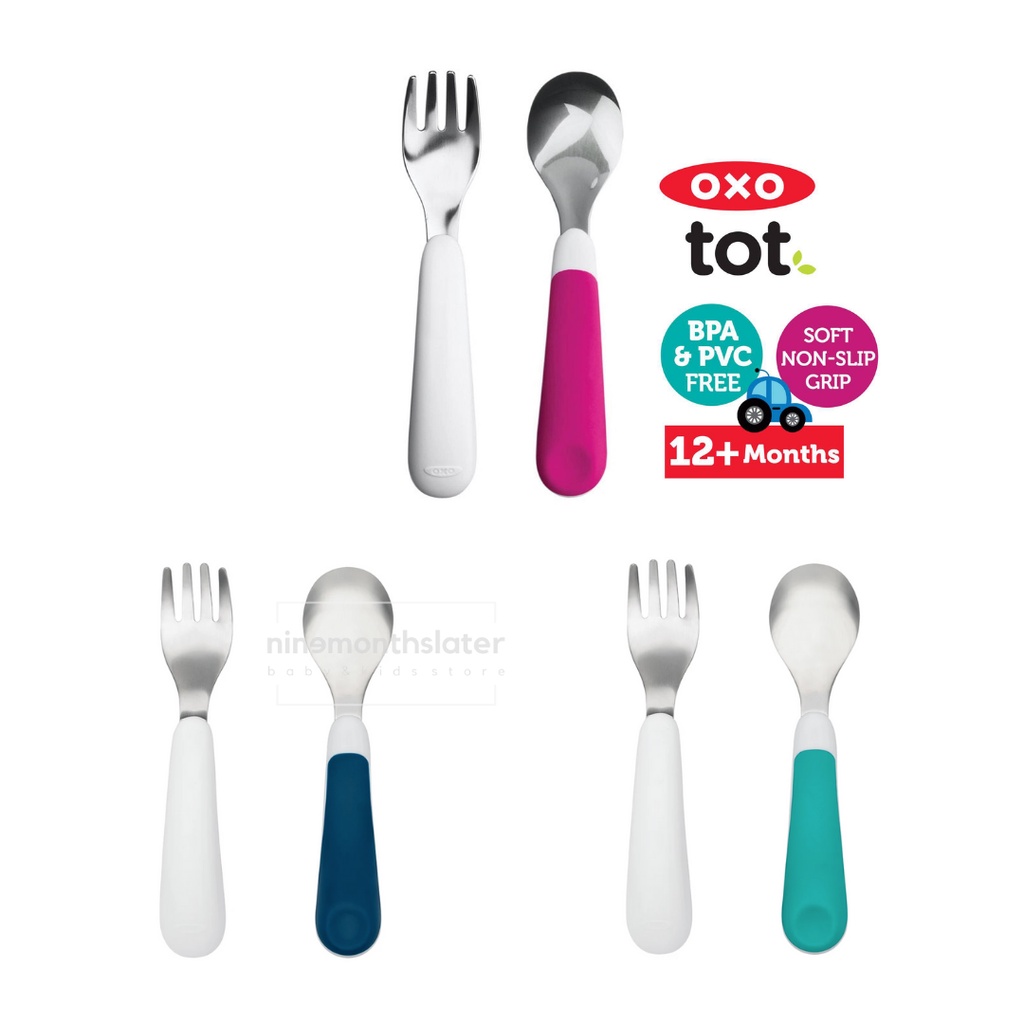 Oxo Tot Fork &amp; Spoon Set - Stainless Steel Garpu Sendok Anak Bayi Training Peralatan Makan Anak Balita Set Oxotot