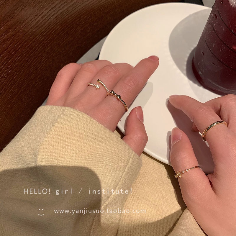 Gaya Keren mikro bertatahkan bow cincin Wanita's ins fashion pribadi pembukaan adjustable jari cinci