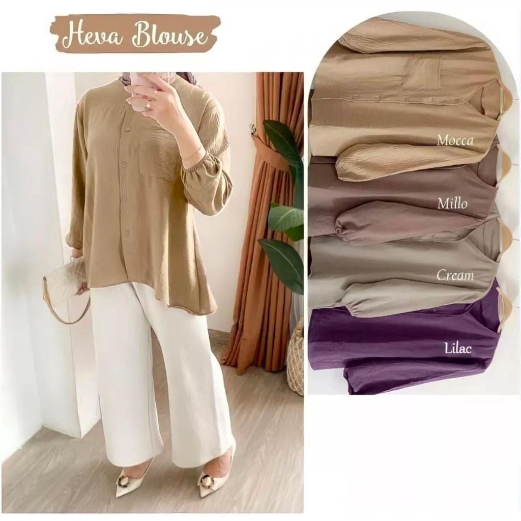 Heva Blouse Wanita Atasan Basic Polos LD 100 Fit To L XL Full Kancing Depan Crinkle Airflow Premium Outfit OOTD Remaja Dewasa 2022 Kekinian Terbaru