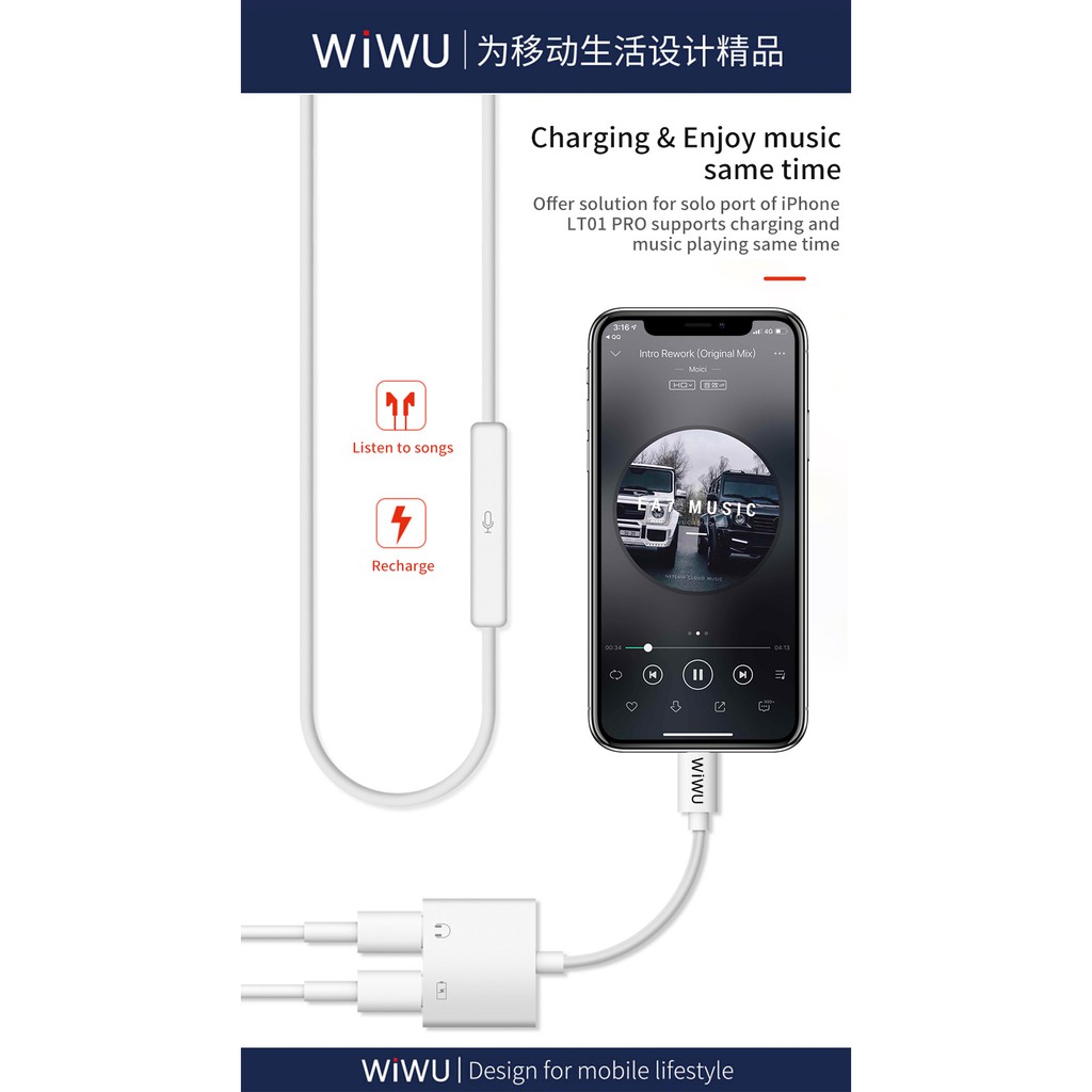 WIWU LT01 PLUS - Lightning to Dual Lightning Audio Adapter - Adapter Audio untuk Smartphone dengan port Lightning