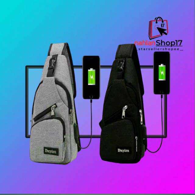 TAS SELEMPANG KANVAS  + USB CHARGER PORT SLING BAG GADGET