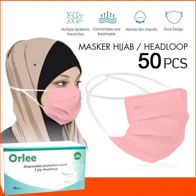Masker 3 Ply 3ply Headloop Hijab Orlee Original kemenkes Pink isi 50 ibag57 Segera Beli