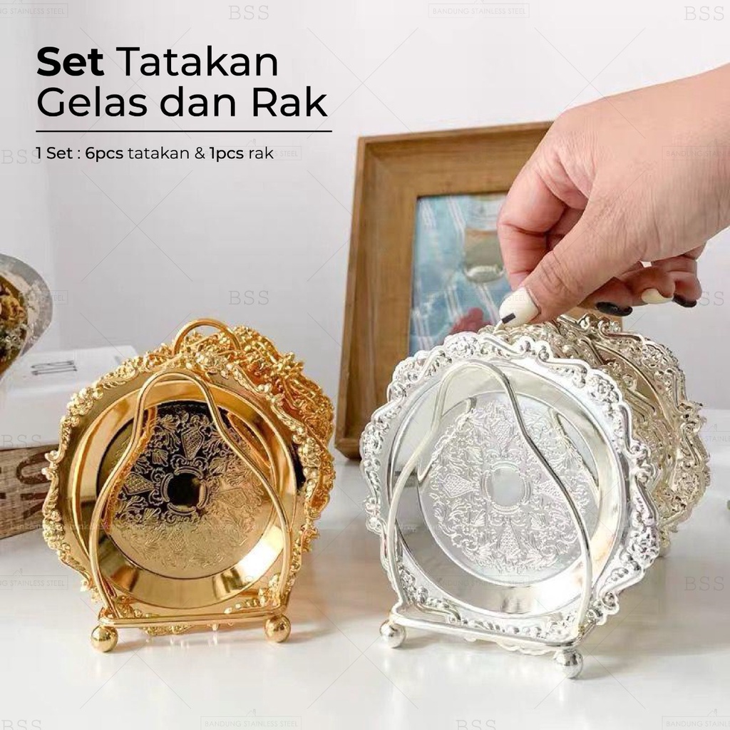 Set 6pcs Tatakan Alas Gelas dengan Rak Piring Jewelery hiasan pajangan Tempat perhiasan Premium 10cm Motif Mewah Unik Emas Silver