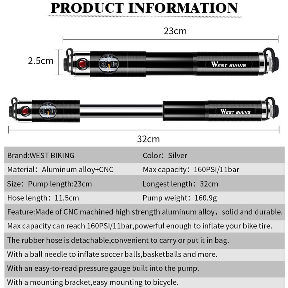 WEST BIKING Mini Portable Bike Pump with Pressure Gauge - 160PSI