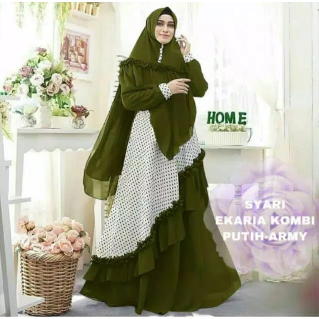 SYARI EKARIA POLKA KOMBI PUTIH / GAMIS RAMPLE / FASHION WANITA