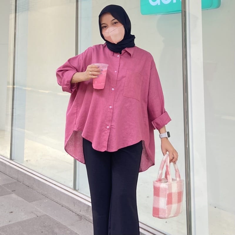 BEFAST - ZEC OOTD Wanita Blouse DAVID / Kemeja Oversize LINEN Shirt Pocket Kantong / Kemeja Jumbo Wanita / Kemeja Casual / Fashion Wanita Kerja / Kem Polos Formal / Terbaru 2022 / Terlaris