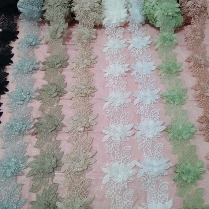 Renda Organdi | Renda bunga 3D | bunga organdi | Renda meteran murah