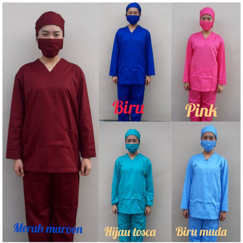 Baju OKA Lengan Panjang / Jaga malam / leher V / OK / Operasi Dokter Perawat bisa Bordir