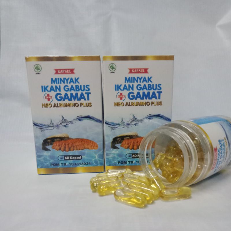 minyak ikan gabus plus gamat Neo albumino isi 60 kapsul,  Minyak ikan salmon Omega-3. VCO minyak kel