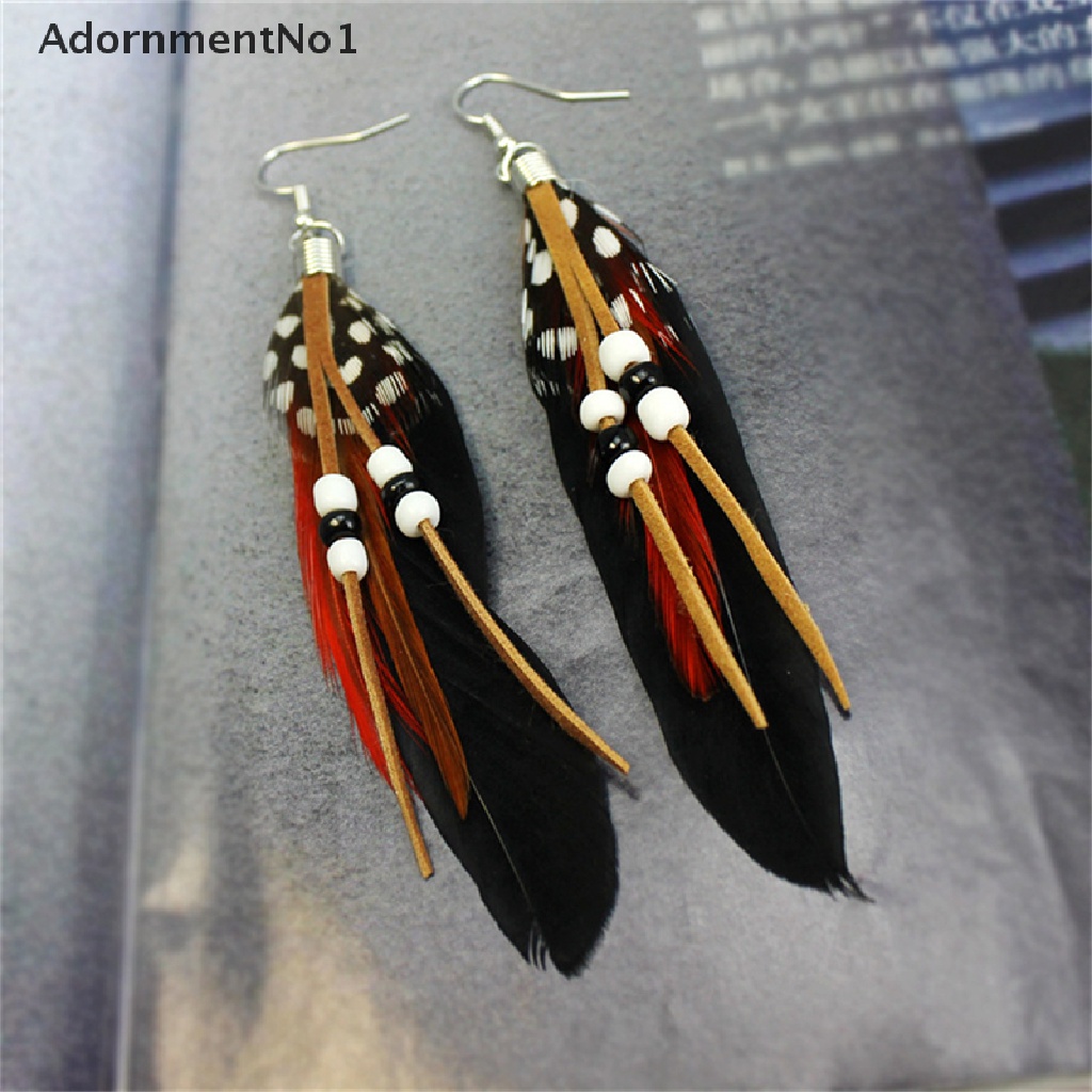 (AdornmentNo1) Anting Gantung Panjang Kait Gaya India Motif Bulu + Manik-Manik Untuk Perhiasan Wanita