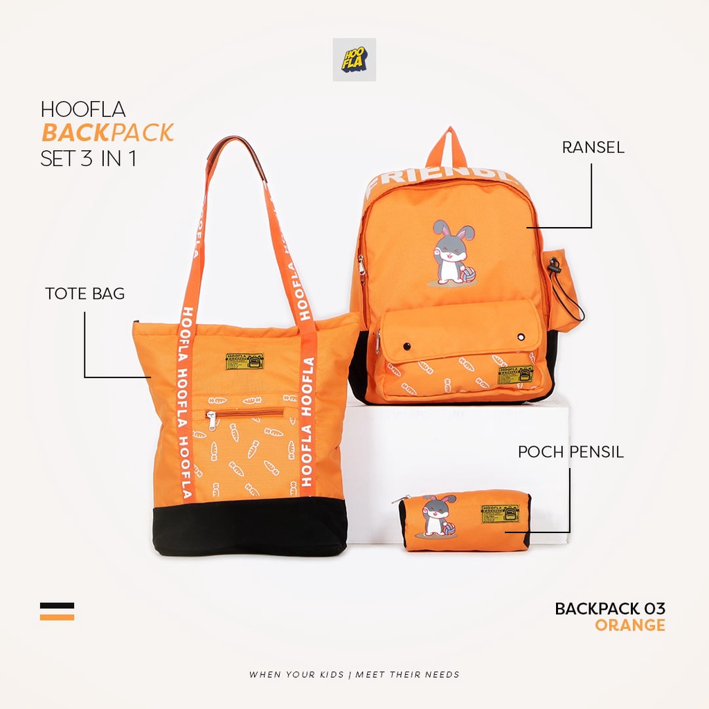 Hooflakids Tas Sekolah Anak Perempuan Laki Laki Backpack Set 3 in 1 Dapat Ransel Pouch dan Tote Bag