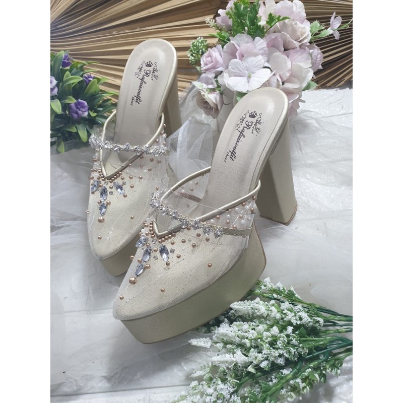 sepatu cantik gold tali asesoris tengah 12cm tahu