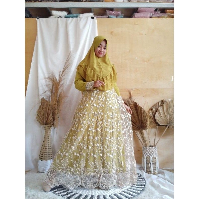 SET GAMIS SYARI BAJU MUSLIM PESTA MEWAH LEBARAN TILE BRUKAT BROKAT 3D JUMBO BUSUI KHIMAR CERUTY PET