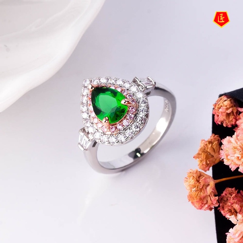 [Ready Stock]Elegant Personality Emerald Pink Diamond Ring