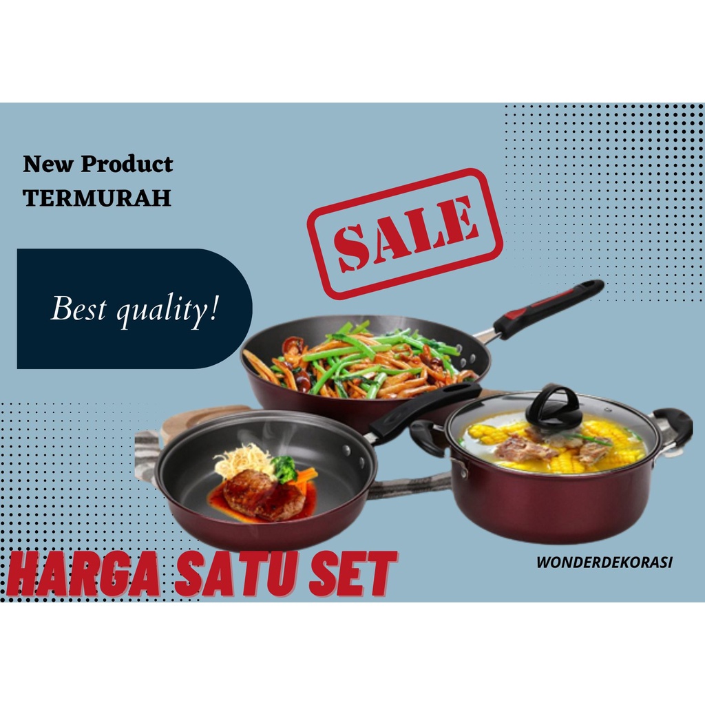 Wajan Enamel Frypan Teflon Anti Lengket Wajan Anti Lengket panci sup teflon frypan tutup kaca Panci set 3 in1 -Wonderdekorasi