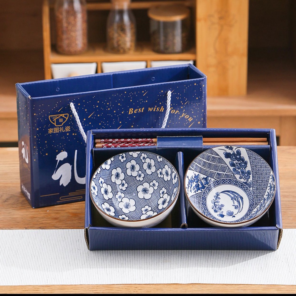 2mangkuk + 2pasang sumpit Japanese Bowl Set Mangkok Sumpit Set Alat Makan Gaya Jepang Souvenir Kado Bingkisan Mangkuk-6