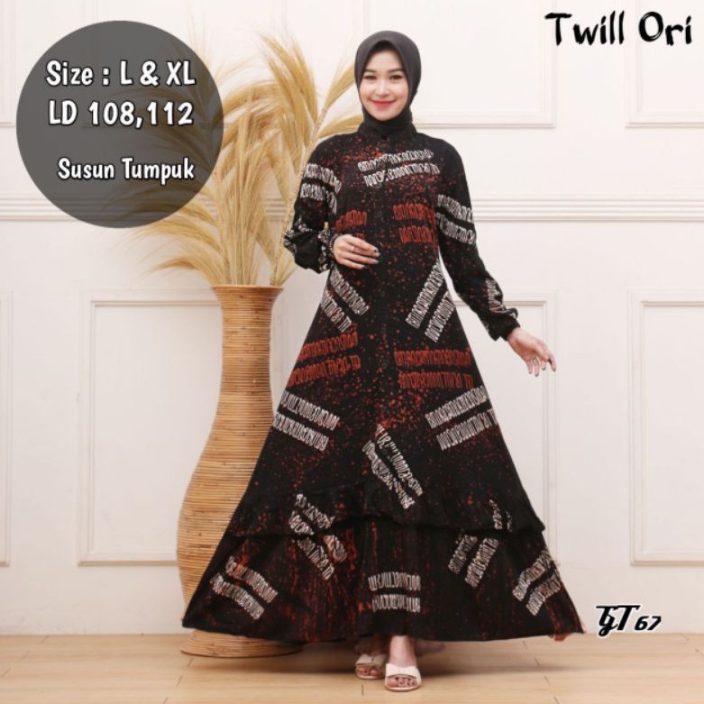 BISA COD - Gamis Twill Ori Pekalongan Gamis Twill Terbaru Model Susun Bawah Motif Absrak Full Kancin