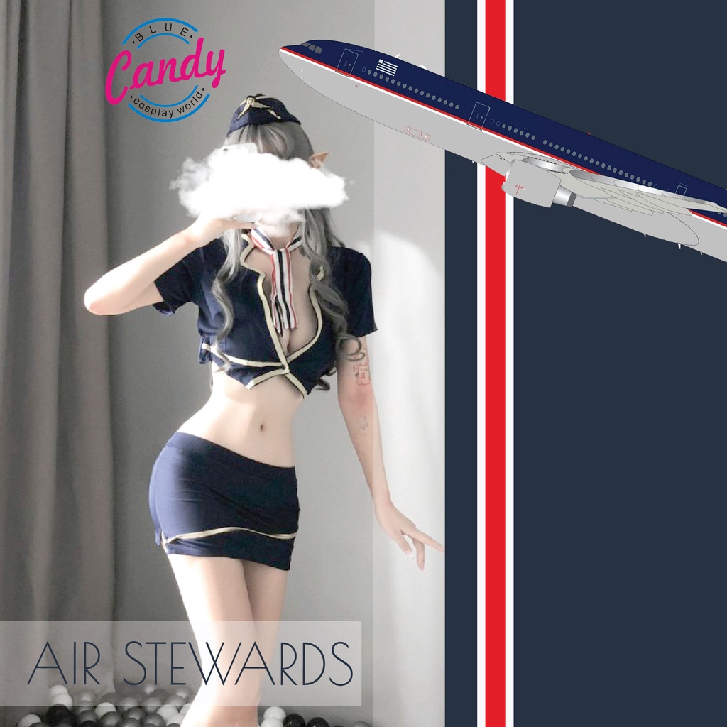 Blue Candy Cosplay Sexy Uniform Seragam Pramugari Kostum Air Stewardes