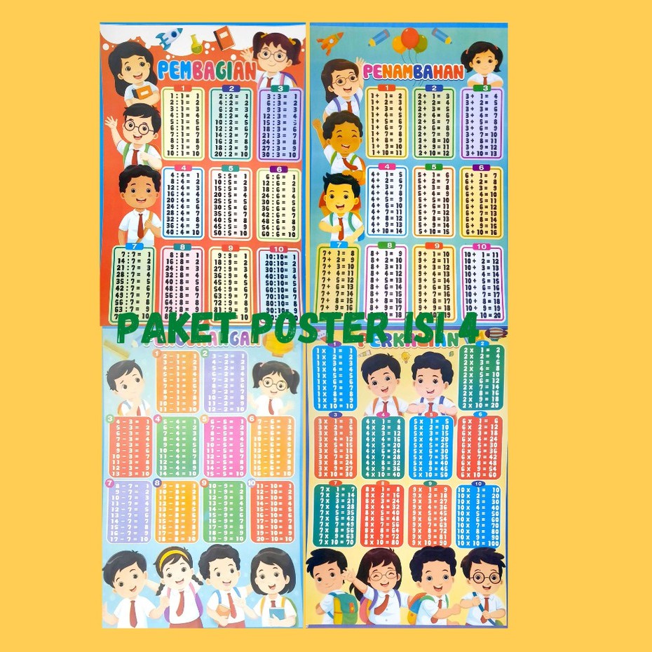 Poster Edukasi Anak Penjumlahan, Pengurangan, Pekalian dan Pembagian