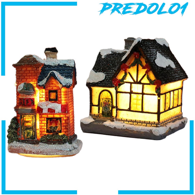 [PREDOLO1] 2x Mini Christmas Snow House LED Village Dollhouse Set Table Garden Decor