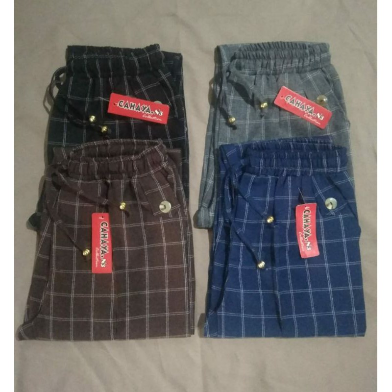 celana baggy pants wanita motif kotak-kotak
