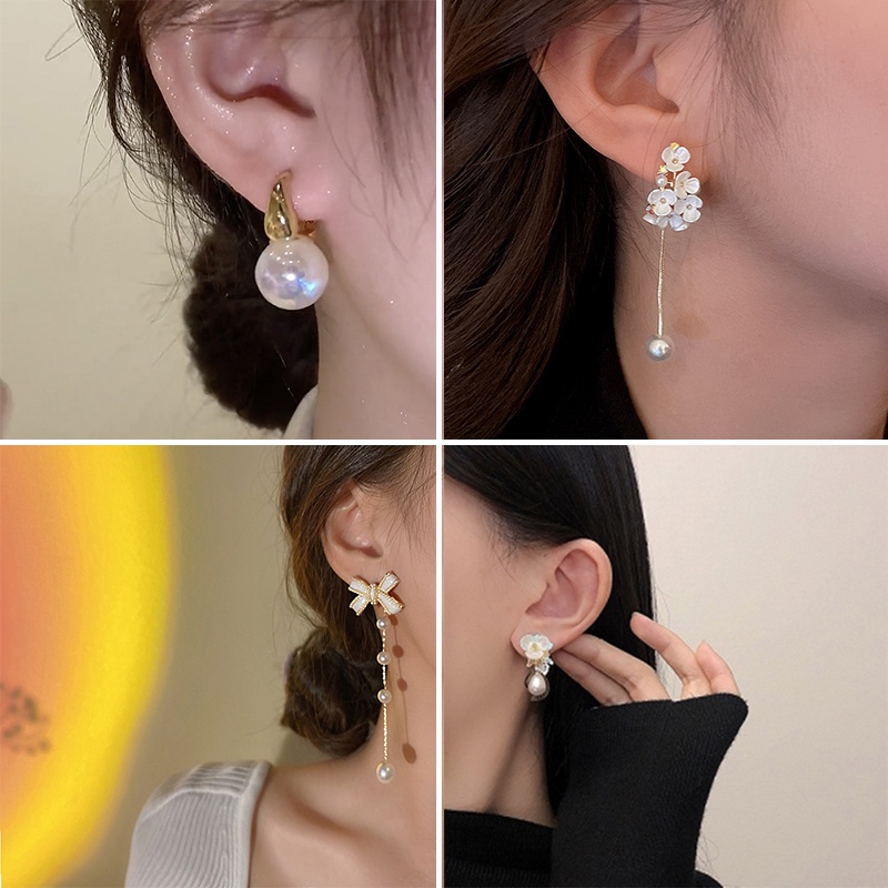 Anting Tusuk Gantung Bahan Sterling Silver 925 Desain Pita + Bunga + Mutiara Gaya Korea Untuk Wanita