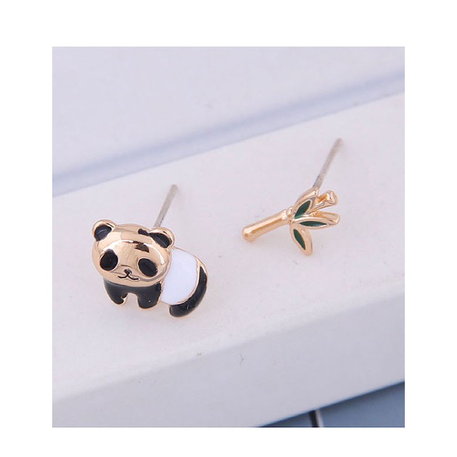 LRC Anting Tusuk Fashion Black Panda Bamboo Asymmetric Stud Earrings A60194