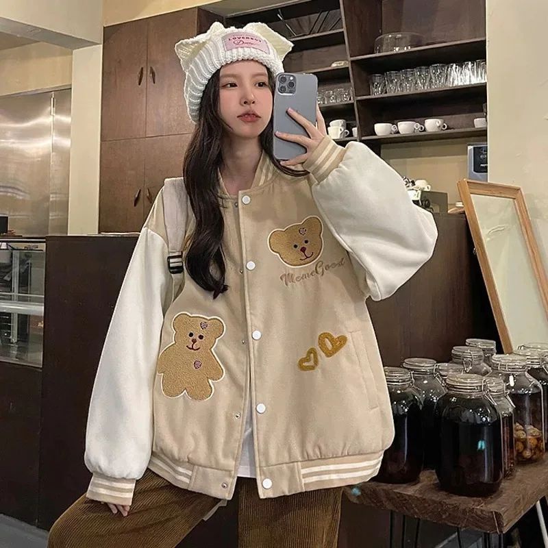 Jaket Baseball Wanita Allsize | MEME Good Bear Baseball Varsity | Jaket Baseball Korean Style