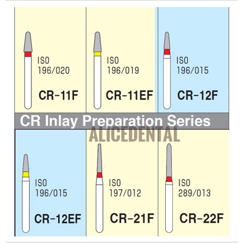 Dental diamond bur preparasi preparation inlay onlay gigi MANI CR bur merah kuning finishing polishing CR11F CR-11F CR11EF CR-11EF CR12F CR-12F CR12EF CR-12EF CR21F CR-21F CR22F CR-22F