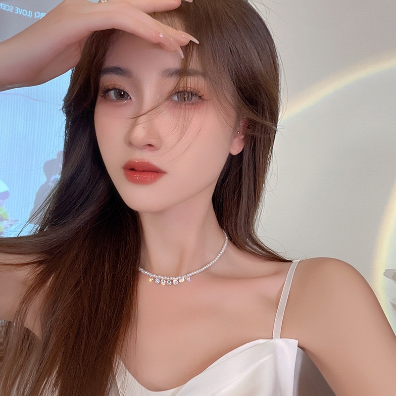 Kalung collarbone Pendek Aksen Mutiara Zirkon Untuk Musim Panas