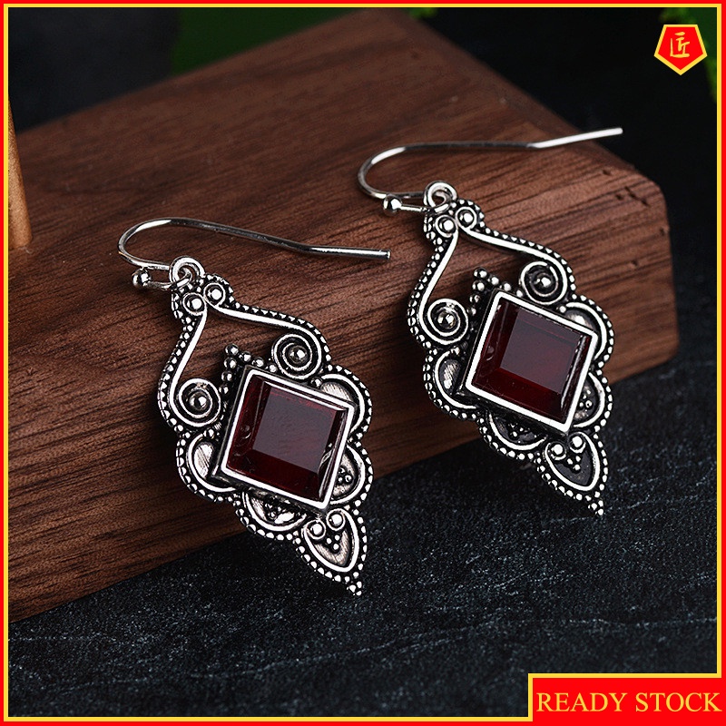 [Ready Stock]S925 Silver Vintage Inlaid Ruby Square Diamond Earrings