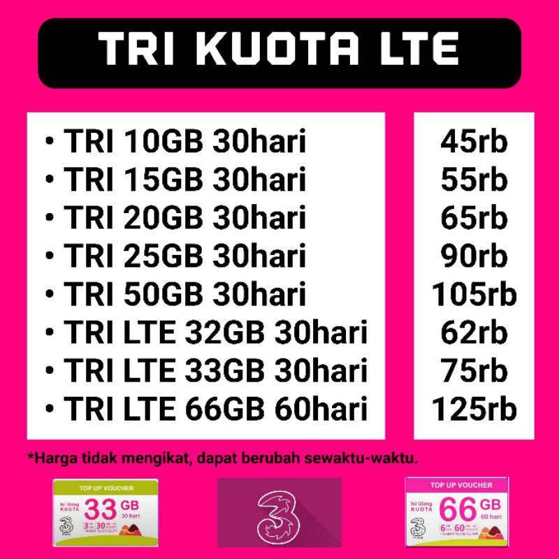 Tri Data Kuota 10gb 15gb 20gb 25gb 50gb 32gb 33gb 66gb Tri 4g Lte Shopee Indonesia