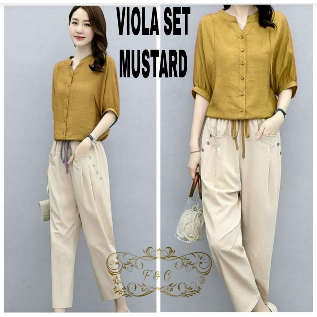 SET VIOLA FASHION PAKAIAN WANITA SETELAN ATASAN DAN CELANA BAHAN MOSCREPE FEHM