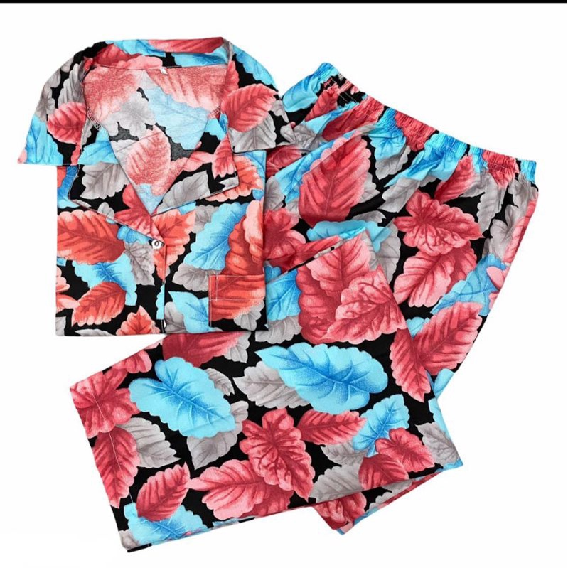 Piyama Wanita Baju Tidur Wanita Dewasa Baju Tidur Piyama Satin Apple-Mawar Black