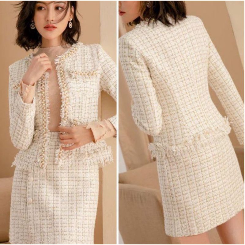 luxury white set pearl tweed tag blazer+skirt