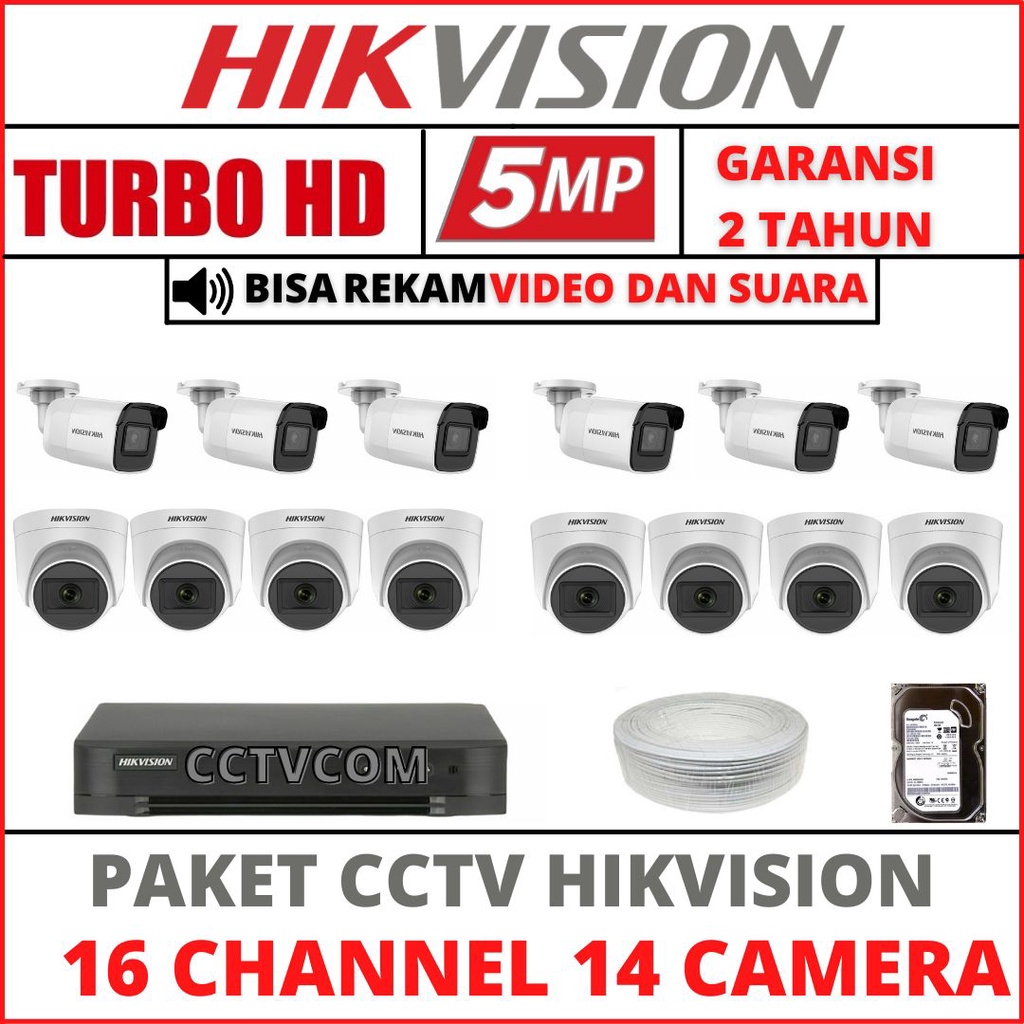 PAKET CCTV HIKVISION 5MP 16 CHANNEL 14 CAMERA TURBO HD KAMERA CCTV