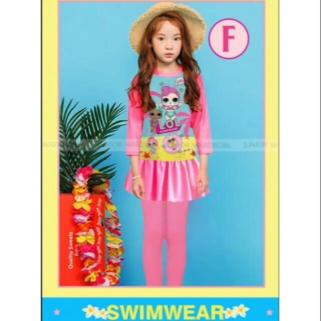 Baju Renang Panjang Anak Perempuan LOL Pink Celana Rok  8-12th