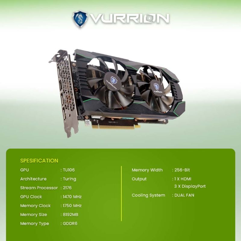VGA AGS VURRION NVIDIA RTX 2060 SUPER 8GB DDR6 256 BIT REAL CAPACITY