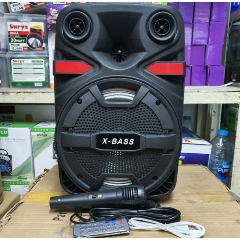 COD✓ SPEAKER BLUETOOTH FLECO 8'5 INCH F-8608 LED FREE MIC KAROKE SUPER BASS