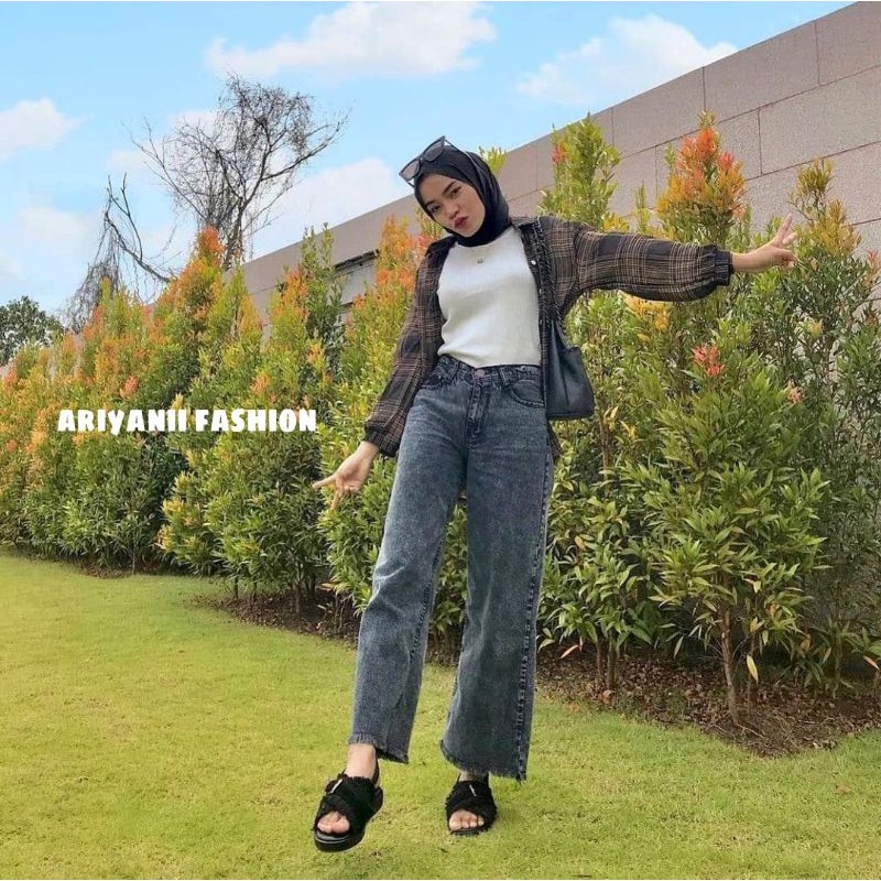 ARN - CELANA WANITA KULOT JEANS SNOW RAWIS HIGHWAIST MURAH PANJANG CUTBRAY CASUAL Korean Style