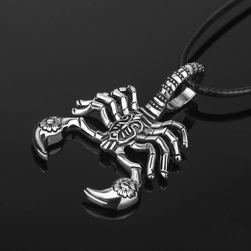 Kalung Tali Kulit Liontin Kalajengking Bahan Stainless Steel Gaya Vintage Punk Untuk Pria