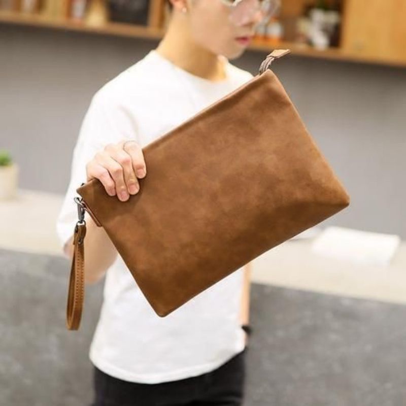 Clutch Bag Pria Wanita Kulit- Brown Wallet Clutch Bag Purses PU Leather Wallets Wristlet