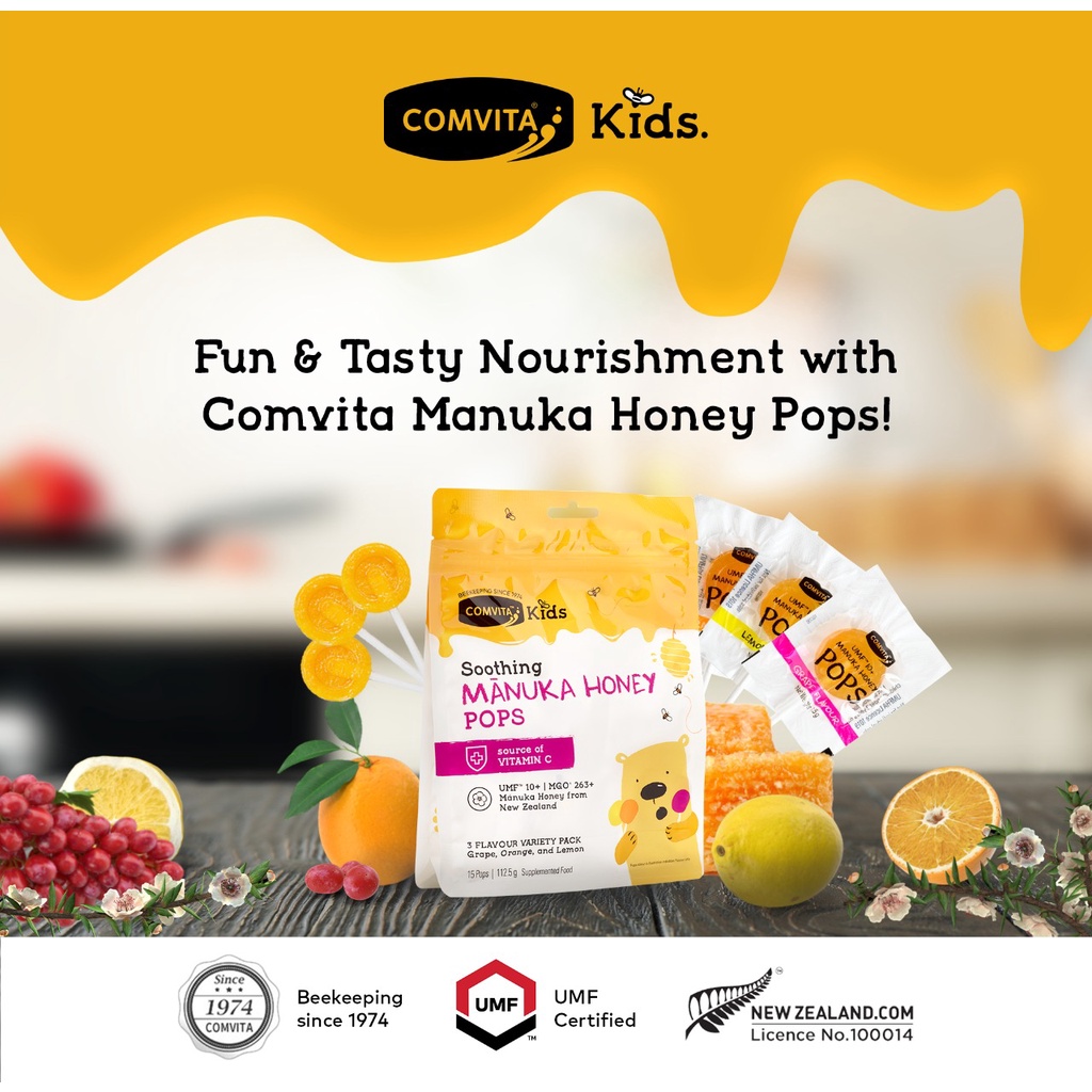 Comvita Kids Soothing Pops with UMF 10+ Manuka Honey 112.5gr Permen Madu Rasa Aneka Buah Isi 15 Pops WHS