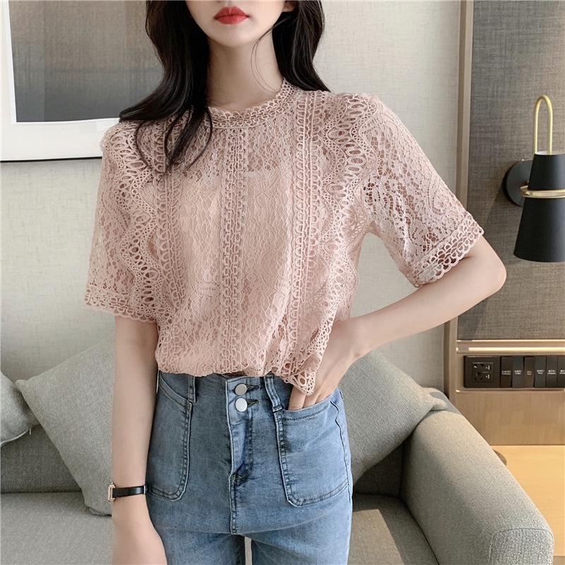 #Sisjuly# Wanita Kemeja Renda Musim Panas Baru Warna Solid Leher Bulat Lengan Pendek Crochet Hollow