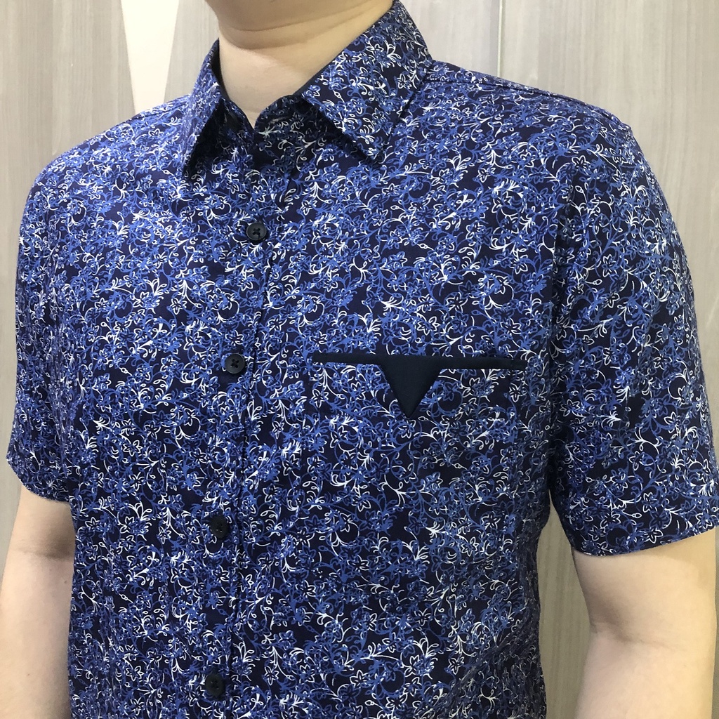 [GRIDLINE - S217 Blue &amp; Black] Kemeja Print Pria Katun Lengan Pendek Slimfit Simpel Modern M-XXL