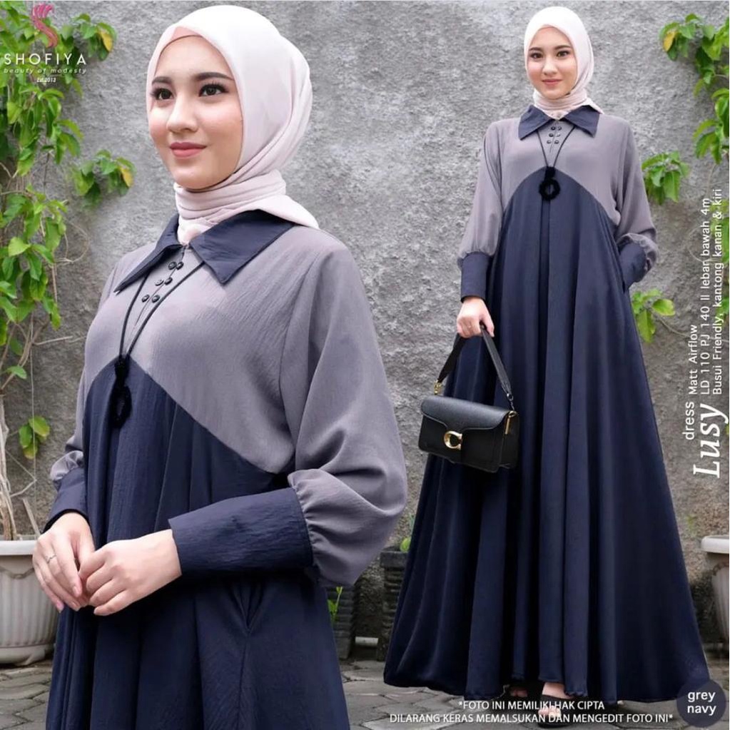 Lusy Dress Terbaru/ Gamis Crinkle Muslimah Terbaru Two Tone / Fashion Muslim Wanita Terkini / Baju Dress Murah