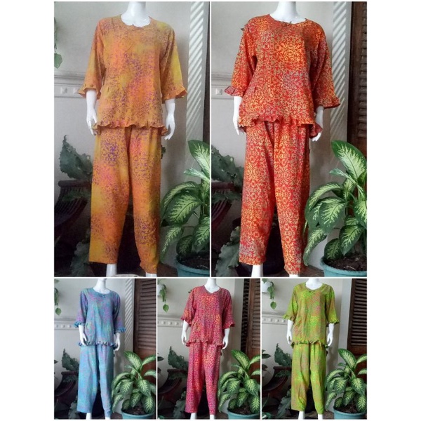 Daster Stelan Baju Celana Daster Dyanoer Solo Motif Cap Bunga Lengan ¾ Berempel Saku Baju Celana Pan