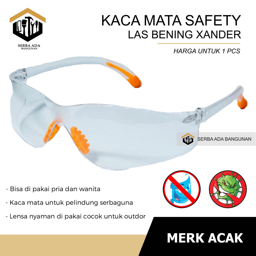 Kacamata Las / Kaca Mata Safety Fashion Gurinda / Laboratorium / Bening Clear Hitam