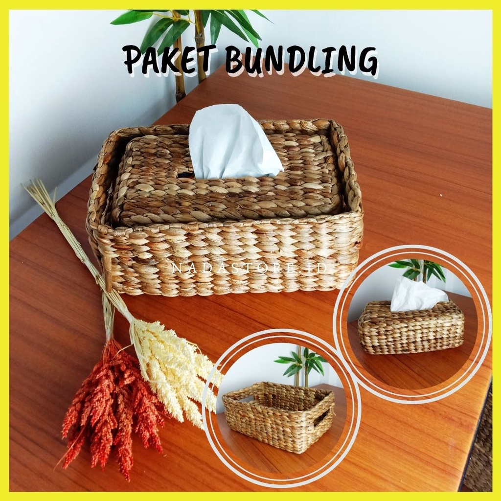 2 IN 1 - PAKET BUNDLING BOX KERANJANG DAN TEMPAT TISU ANYAMAN ENCENG GONDOK BISA COD