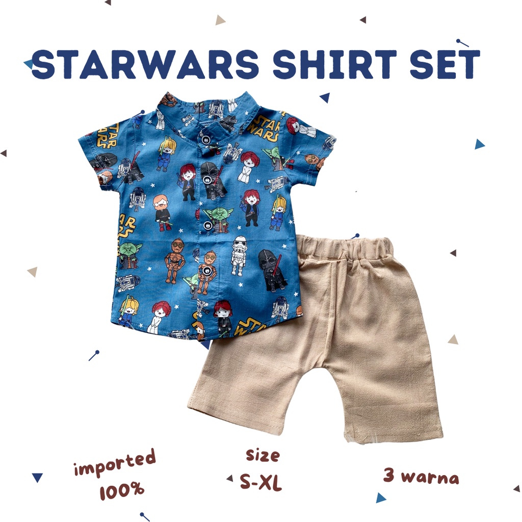 import !! starwars shirt set kemeja import anak katun 1-3 tahun bayi baju laki-laki cowok balita setelan